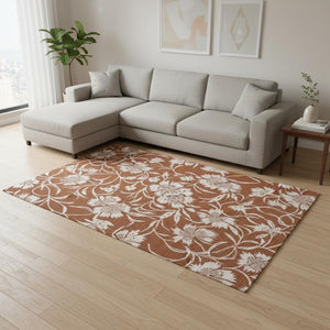 HomeRoots 5' Orange and White Botanical Leaves Area Rug - Stylish, Durable, Stain-Resistant for Modern Homes 8' X 11' 661297