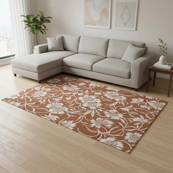 HomeRoots 5' Orange and White Botanical Leaves Area Rug - Stylish, Durable, Stain-Resistant for Modern Homes 8' X 11' 661297
