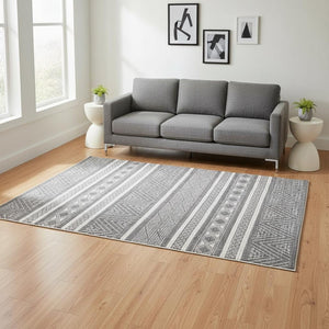 HomeRoots 5' Gray and White Tribal Area Rug - Stylish Geometric Design for Modern Homes, Pet-Friendly & Durable 5' X 8' 661308