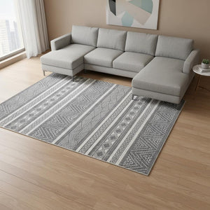 HomeRoots 5' Gray and White Tribal Area Rug - Stylish Geometric Design for Modern Homes, Pet-Friendly & Durable 8' X 11' 661309