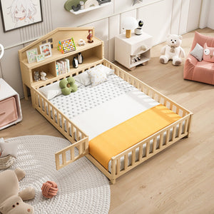 English Elm Full-size Montessori Floor Bed with Built-In Bookcase and Chalkboard, Space-Saving Solid Wood Platform for Kids Natural 56.3 L x 17.32 W x 5.31 H W1716S00014
