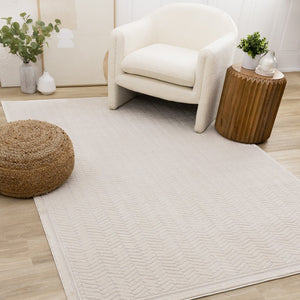 HomeRoots 5' Beige and Cream Chevron Area Rug - Stylish, Stain-Resistant, Durable Design for Modern Living Spaces 8' X 11' 661313