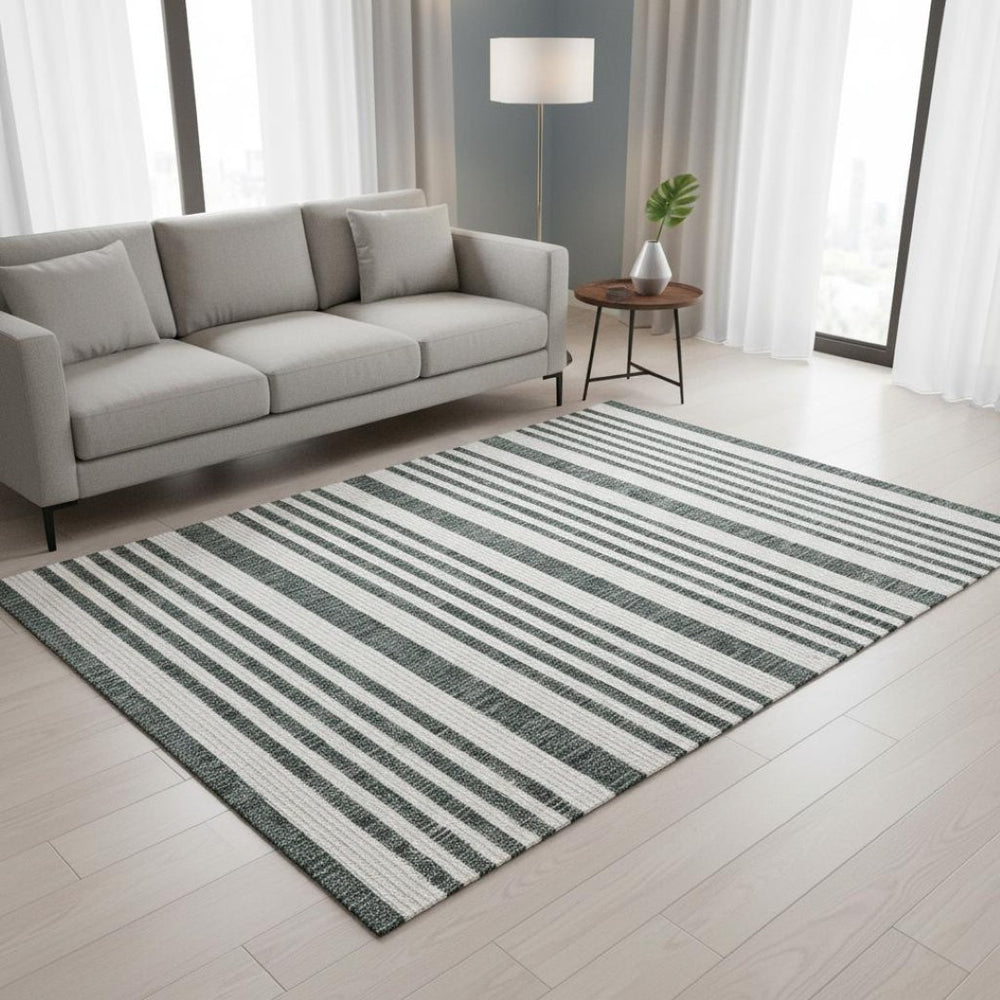 HomeRoots 5' Green and Ivory Striped Area Rug - Stylish, Durable Design for Modern Homes and High-Traffic Areas 5' X 8' 661314