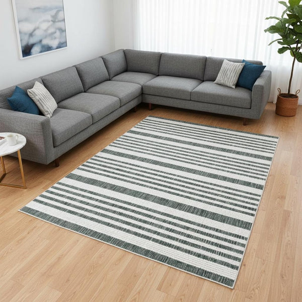 HomeRoots 5' Green and Ivory Striped Area Rug - Stylish, Durable Design for Modern Homes and High-Traffic Areas 8' X 11' 661315