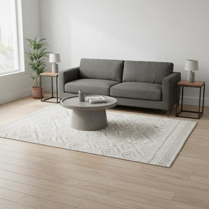 HomeRoots 5' Taupe and Cream Geometric Area Rug - Modern Style, Durable, Stain-Resistant for High-Traffic Areas 661322