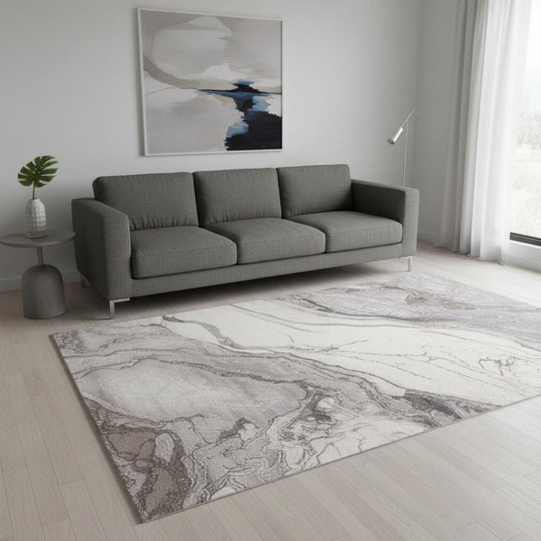 HomeRoots 5' Modern Gray and Off-White Abstract Area Rug – Durable, Stain-Resistant, Stylish Home Centerpiece 5' X 8' 661328