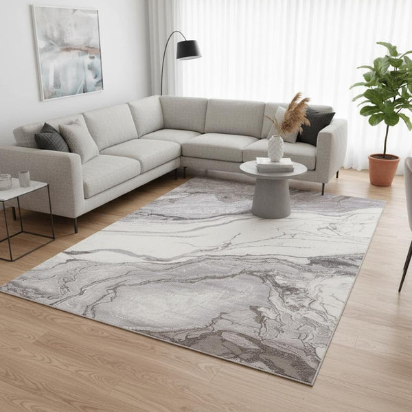 HomeRoots 5' Modern Gray and Off-White Abstract Area Rug – Durable, Stain-Resistant, Stylish Home Centerpiece 7' X 10' 661329