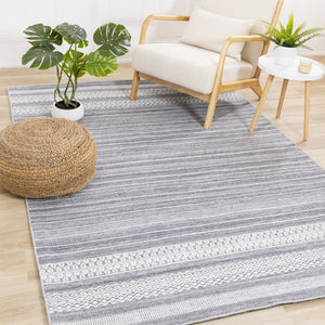 HomeRoots 5' Hand-Woven Gray and White Striped Area Rug - Durable, Stain-Resistant, and Artisanal Charm 8' X 11' 661332