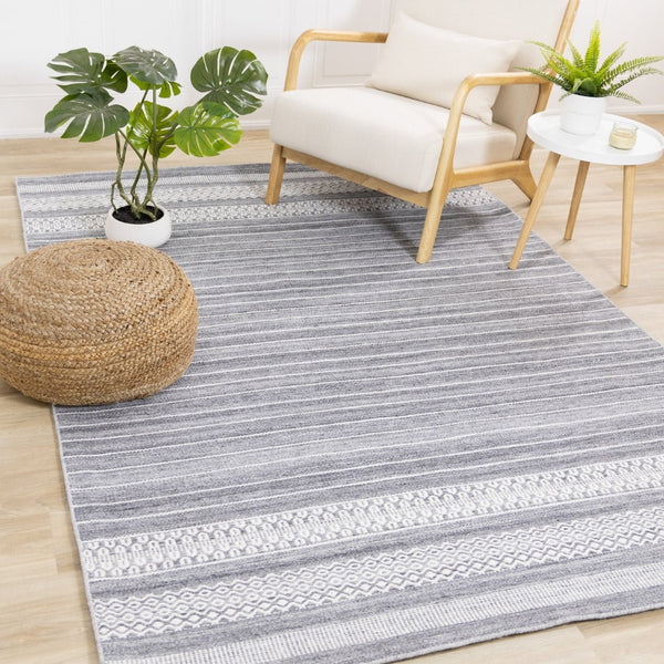 HomeRoots 5' Hand-Woven Gray and White Striped Area Rug - Durable, Stain-Resistant, and Artisanal Charm 8' X 11' 661332