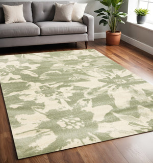 HomeRoots 5' Botanical Leaves Area Rug - Green and Cream, Stain-Resistant, Durable, Modern Design for Homes 5' X 8' 661339