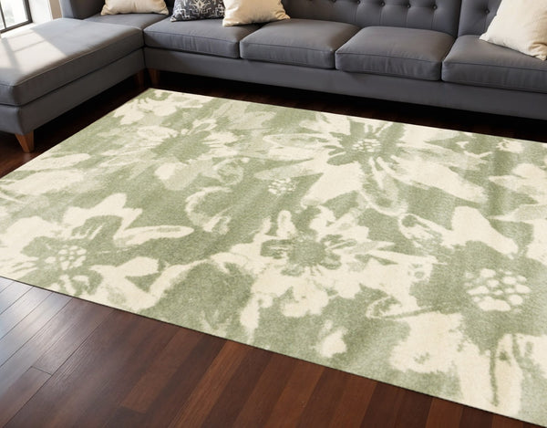 HomeRoots 5' Botanical Leaves Area Rug - Green and Cream, Stain-Resistant, Durable, Modern Design for Homes 8' X 11' 661340