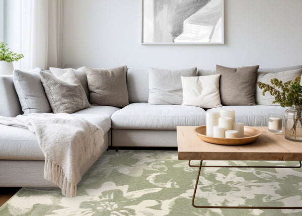 HomeRoots 5' Botanical Leaves Area Rug - Green and Cream, Stain-Resistant, Durable, Modern Design for Homes 8' X 11' 661340