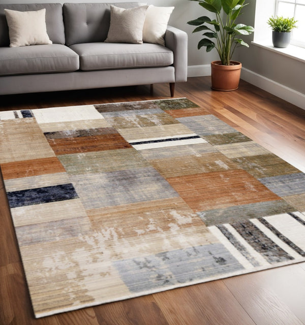 HomeRoots 5' Modern Beige, Orange & Brown Geometric Area Rug - Durable, Stain-Resistant for High-Traffic Spaces 5' X 8' 661343