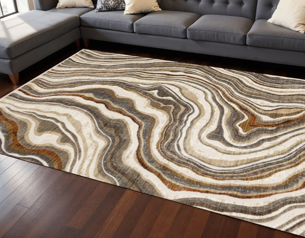 HomeRoots 7' Cream and Beige Abstract Area Rug - Durable, Stain-Resistant, Modern Design for Any Room Decor 661349