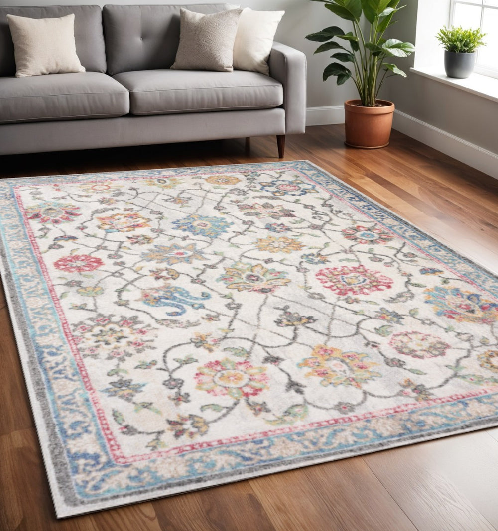 HomeRoots 7' Stylish Cream Blue and Green Medallion Area Rug - Durable, Stain-Resistant, Easy Maintenance Design 5' X 8' 661350
