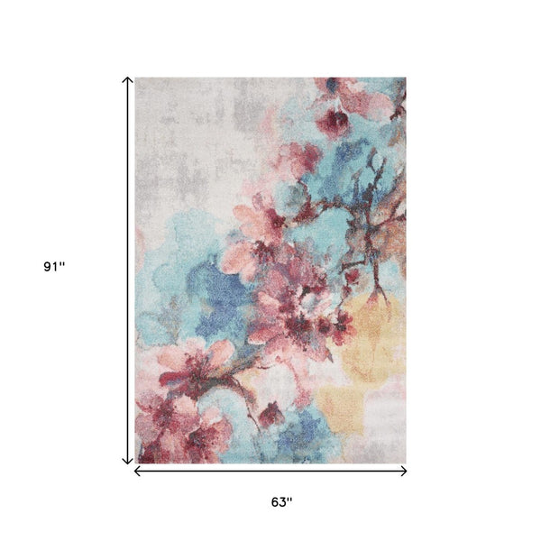 HomeRoots 5' Floral Area Rug in Cream, Blue & Pink - Durable, Easy-Care Design for Every Room's Charm 5' X 8' 661352