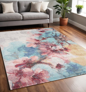 HomeRoots 5' Floral Area Rug in Cream, Blue & Pink - Durable, Easy-Care Design for Every Room's Charm 5' X 8' 661352