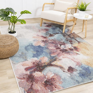 HomeRoots 5' Floral Area Rug in Cream, Blue & Pink - Durable, Easy-Care Design for Every Room's Charm 7' X 10' 661353