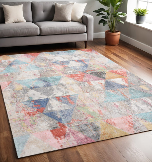 HomeRoots 7' Modern Geometric Area Rug in Soft Gray with Pink and Blue Accents for Stylish, Family-Friendly Spaces 5' X 8' 661355