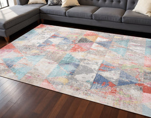 HomeRoots 7' Modern Geometric Area Rug in Soft Gray with Pink and Blue Accents for Stylish, Family-Friendly Spaces 8' X 11' 661356