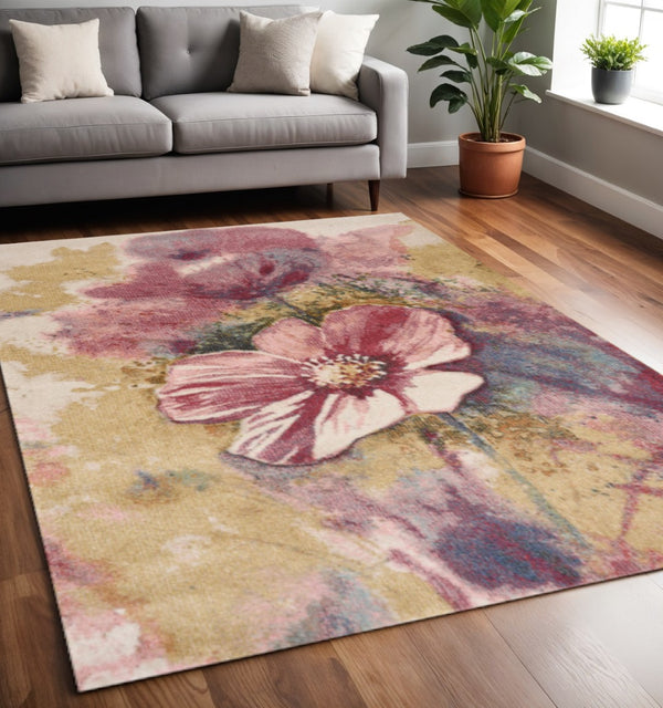 HomeRoots 5' Vibrant Yellow and Pink Floral Area Rug – Durable, Stain-Resistant Design for Modern Living Spaces 5' X 8' 661357