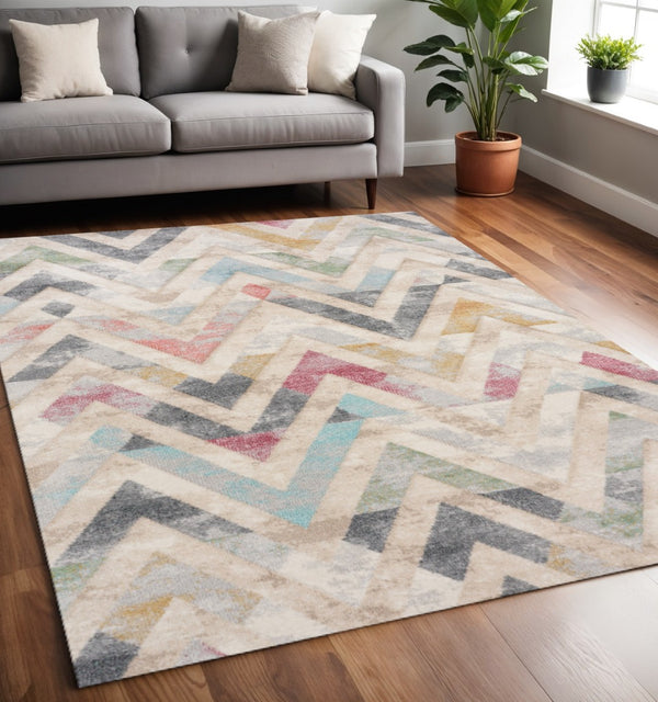 HomeRoots 5' Modern Chevron Area Rug in Cream, Blue & Pink - Stylish, Durable, Stain-Resistant for Any Room 5' X 8' 661359