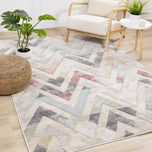 HomeRoots 5' Modern Chevron Area Rug in Cream, Blue & Pink - Stylish, Durable, Stain-Resistant for Any Room 5' X 8' 661359