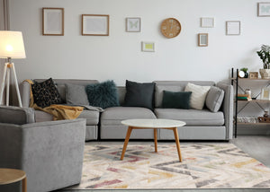 HomeRoots 5' Modern Chevron Area Rug in Cream, Blue & Pink - Stylish, Durable, Stain-Resistant for Any Room 5' X 8' 661359