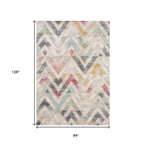 HomeRoots 5' Modern Chevron Area Rug in Cream, Blue & Pink - Stylish, Durable, Stain-Resistant for Any Room 8' X 11' 661360