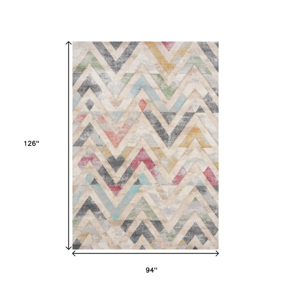 HomeRoots 5' Modern Chevron Area Rug in Cream, Blue & Pink - Stylish, Durable, Stain-Resistant for Any Room 8' X 11' 661360