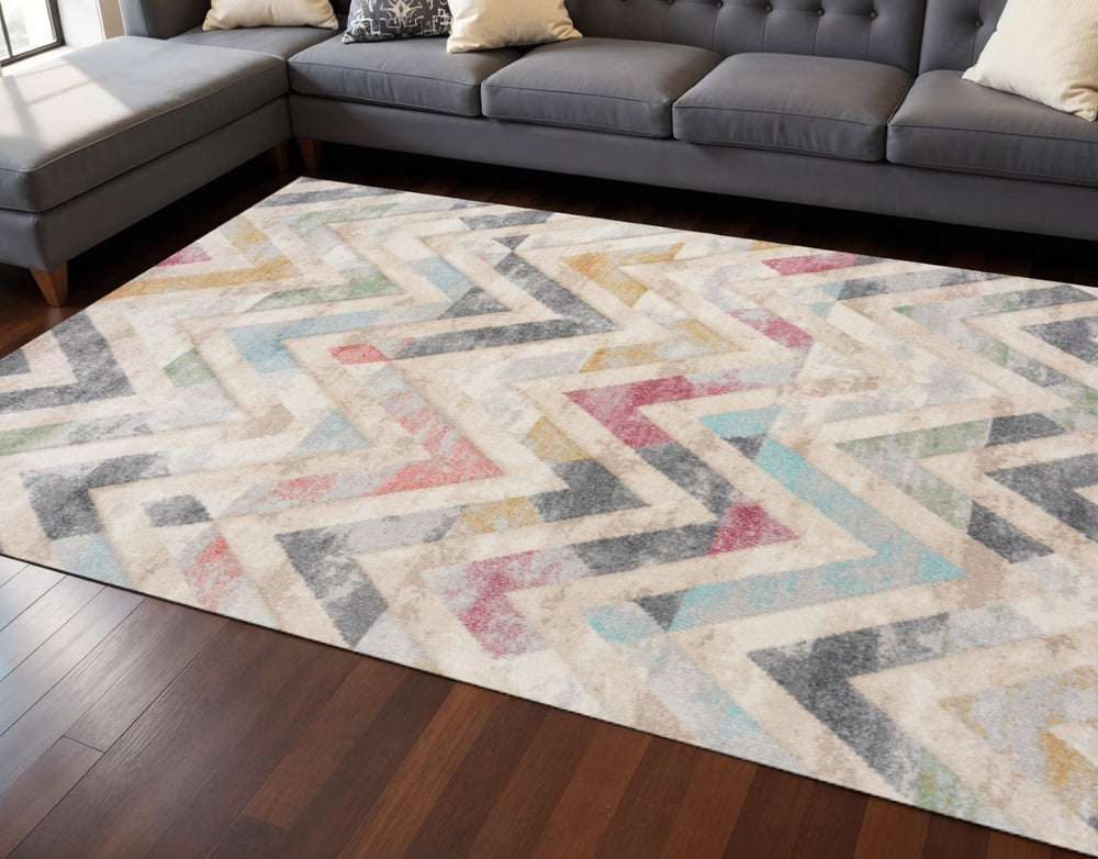 HomeRoots 5' Modern Chevron Area Rug in Cream, Blue & Pink - Stylish, Durable, Stain-Resistant for Any Room 8' X 11' 661360