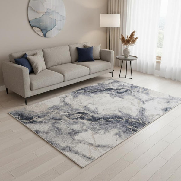 HomeRoots 5' Contemporary Blue Cream and Gray Abstract Area Rug for Modern Homes, Stain-Resistant Design 5' X 8' 661363