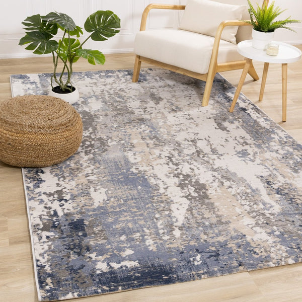 HomeRoots 5' Modern Abstract Area Rug in Blue, Beige & Gray - Durable, Family-Friendly Design for Any Room 5' X 8' 661366