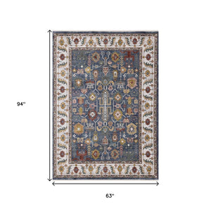 HomeRoots 5' Blue Cream Yellow Medallion Area Rug - Durable, Stain-Resistant, Perfect for Living Spaces & More 5' X 8' 661369