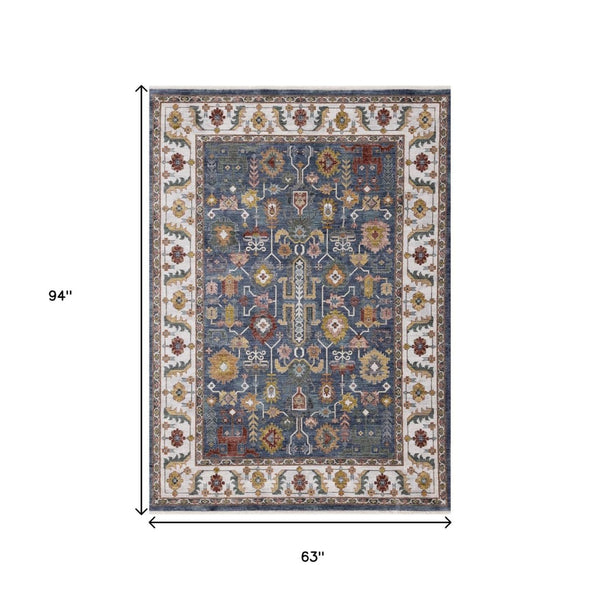HomeRoots 5' Blue Cream Yellow Medallion Area Rug - Durable, Stain-Resistant, Perfect for Living Spaces & More 5' X 8' 661369