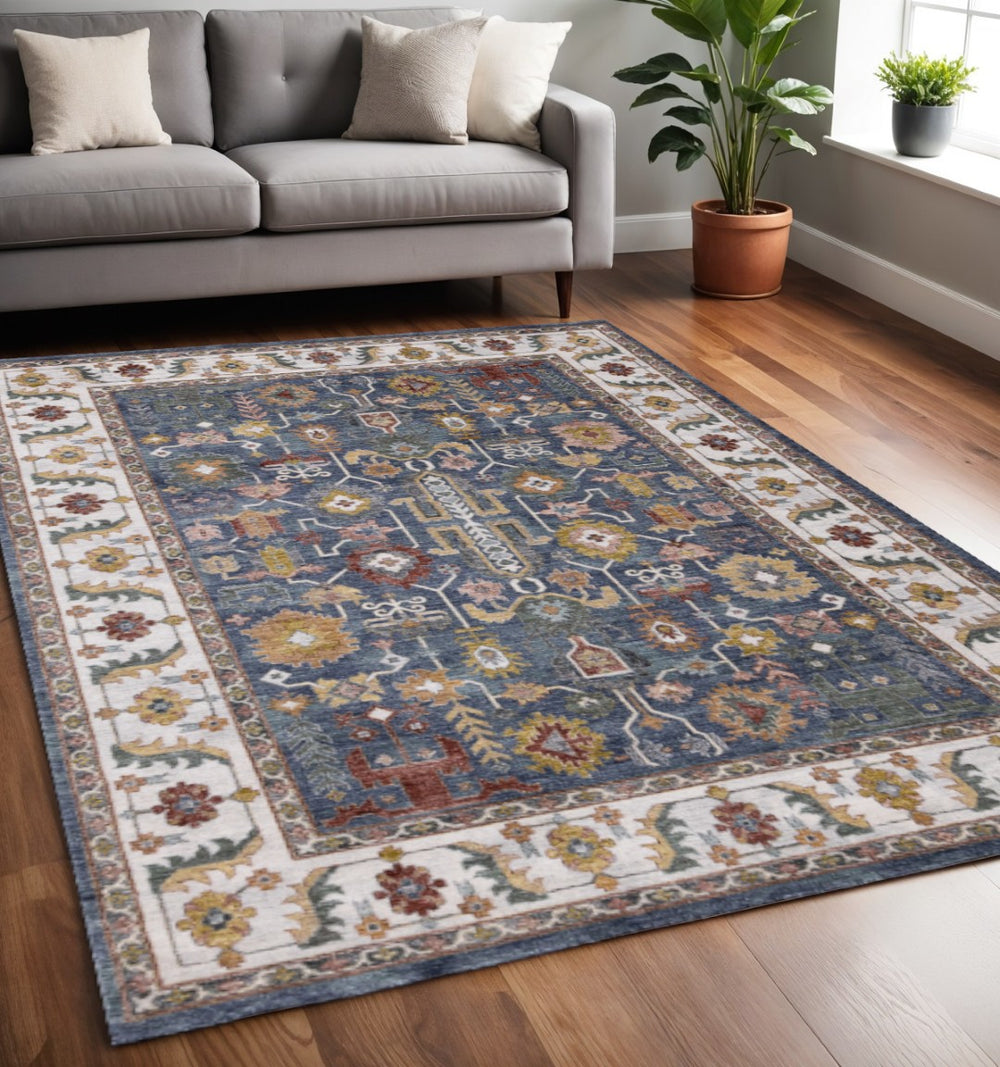 HomeRoots 5' Blue Cream Yellow Medallion Area Rug - Durable, Stain-Resistant, Perfect for Living Spaces & More 5' X 8' 661369