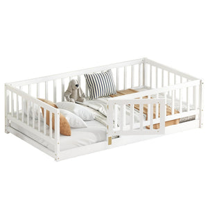 English Elm Twin Montessori Pine Floor Bed with Perimeter Fence Door and Slatted Base for Kids W1820P399071