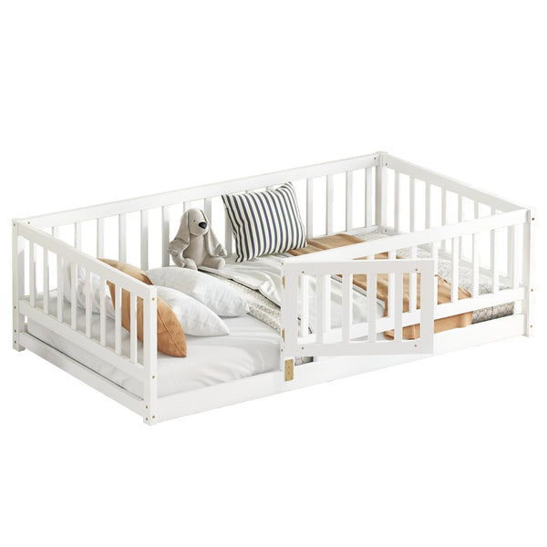 English Elm Twin Montessori Pine Floor Bed with Perimeter Fence Door and Slatted Base for Kids W1820P399071
