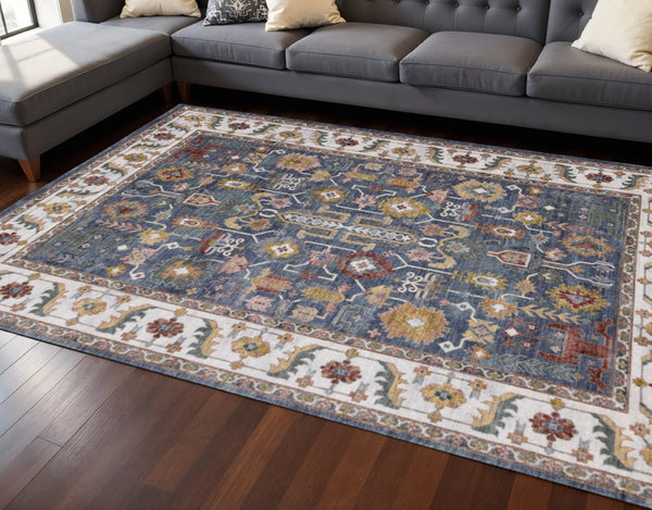 HomeRoots 5' Blue Cream Yellow Medallion Area Rug - Durable, Stain-Resistant, Perfect for Living Spaces & More 8' X 10' 661370