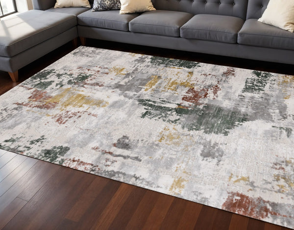 HomeRoots 5' Modern Abstract Area Rug in Gray, Yellow, and Green - Soft, Durable, Stain-Resistant Design 7' X 10' 661372