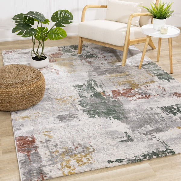 HomeRoots 5' Modern Abstract Area Rug in Gray, Yellow, and Green - Soft, Durable, Stain-Resistant Design 7' X 10' 661372