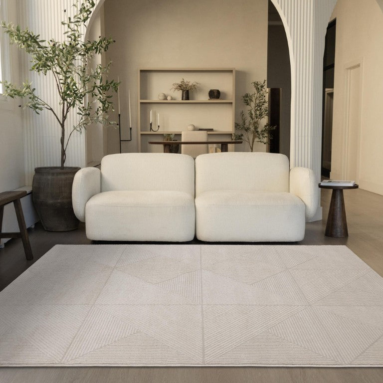 Geometric Cream Polyester Area Rug Stain Resistant Low Pile for Modern Living Rooms