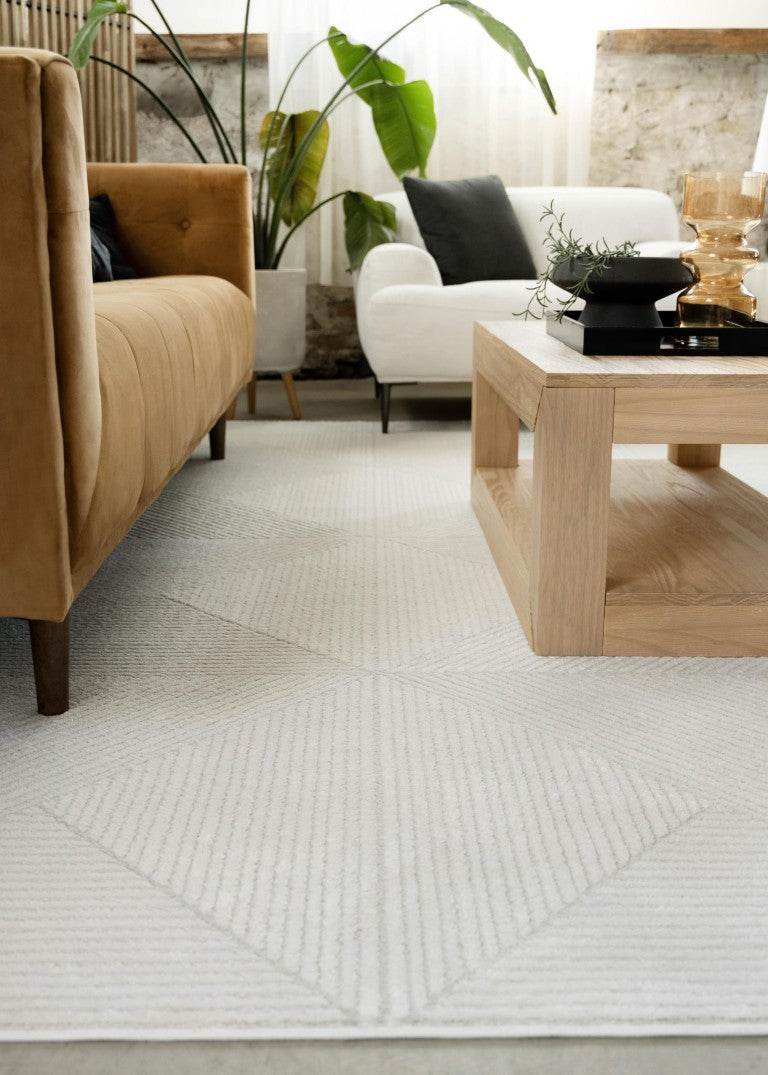 Geometric Cream Polyester Area Rug Stain Resistant Low Pile for Modern Living Rooms