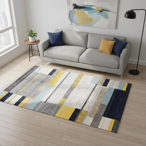 HomeRoots 5' Contemporary Gray Yellow Black Geometric Area Rug - Durable, Stain-Resistant & Modern Design 5' X 8' 661386