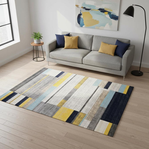 HomeRoots 5' Contemporary Gray Yellow Black Geometric Area Rug - Durable, Stain-Resistant & Modern Design 5' X 8' 661386