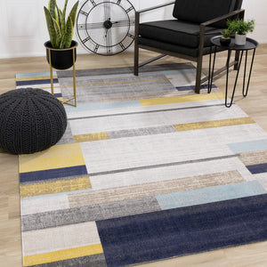 HomeRoots 5' Contemporary Gray Yellow Black Geometric Area Rug - Durable, Stain-Resistant & Modern Design 5' X 8' 661386