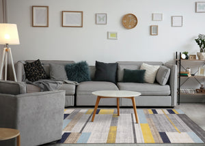 HomeRoots 5' Contemporary Gray Yellow Black Geometric Area Rug - Durable, Stain-Resistant & Modern Design 5' X 8' 661386