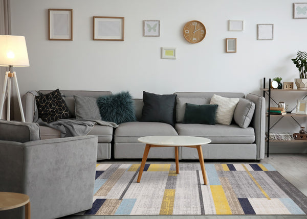HomeRoots 5' Contemporary Gray Yellow Black Geometric Area Rug - Durable, Stain-Resistant & Modern Design 5' X 8' 661386