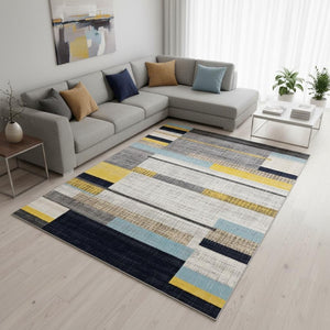 HomeRoots 5' Contemporary Gray Yellow Black Geometric Area Rug - Durable, Stain-Resistant & Modern Design 8' X 11' 661387
