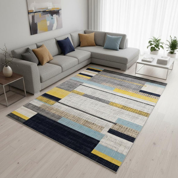 HomeRoots 5' Contemporary Gray Yellow Black Geometric Area Rug - Durable, Stain-Resistant & Modern Design 8' X 11' 661387